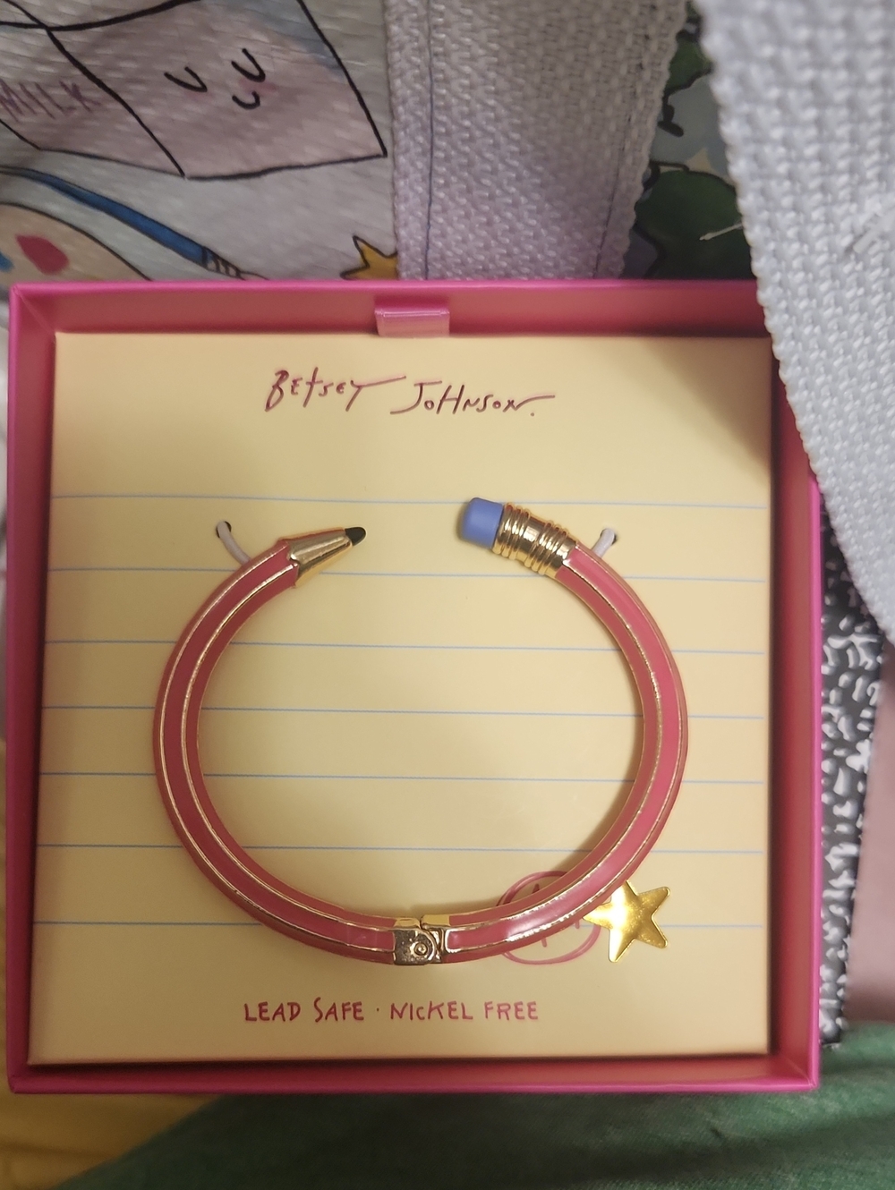 Betsey Johnson Pink Pencil Bangle Bracelet with Star Charm
